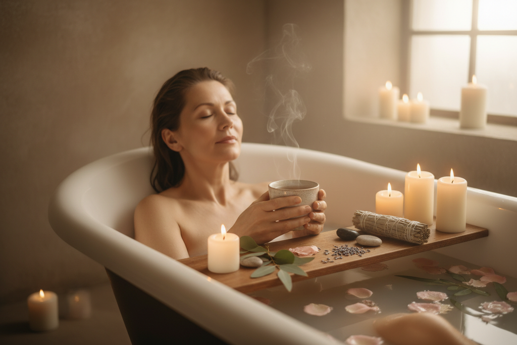 Serene woman relaxing in bath with herbal tea for menopause wellness